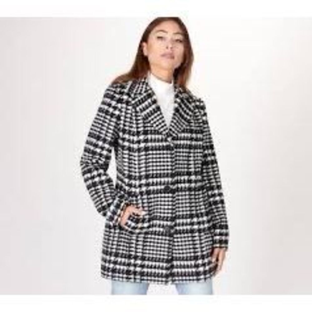 Susan Graver 1X Houndstooth Plaid Longline Peacoat Black White Academia Prep